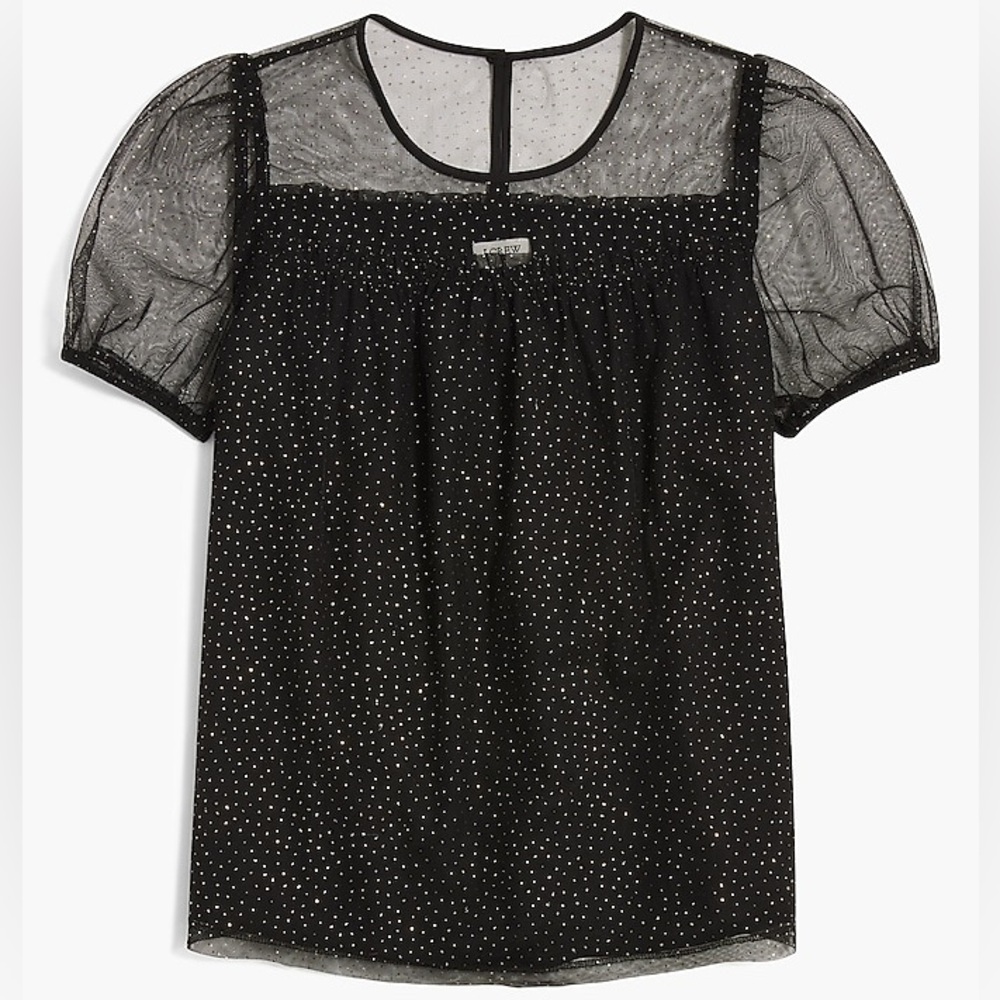 J. Crew Black Sparkle Puff Sleeve Tulle‎ Top XS Holiday Party Fancy Dressy Sheer